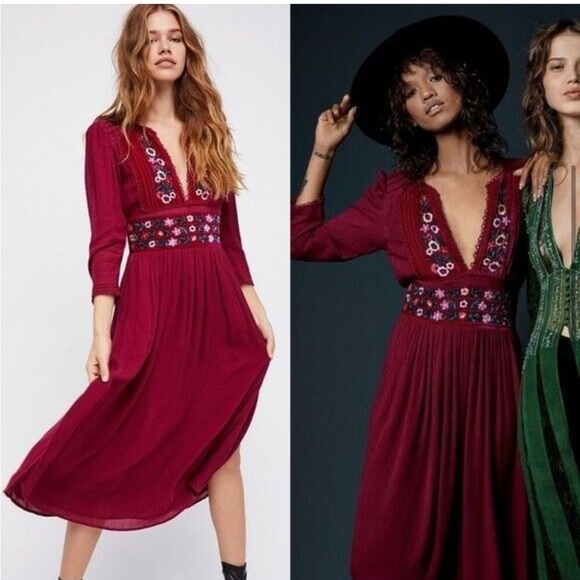 Free People Flora Embroidered Raspberry Magenta Dress Midi - Picture 2 of 14